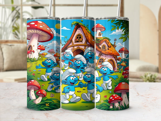 Smurfs dancing in front of mushroom houses with red-capped mushrooms scattered around.