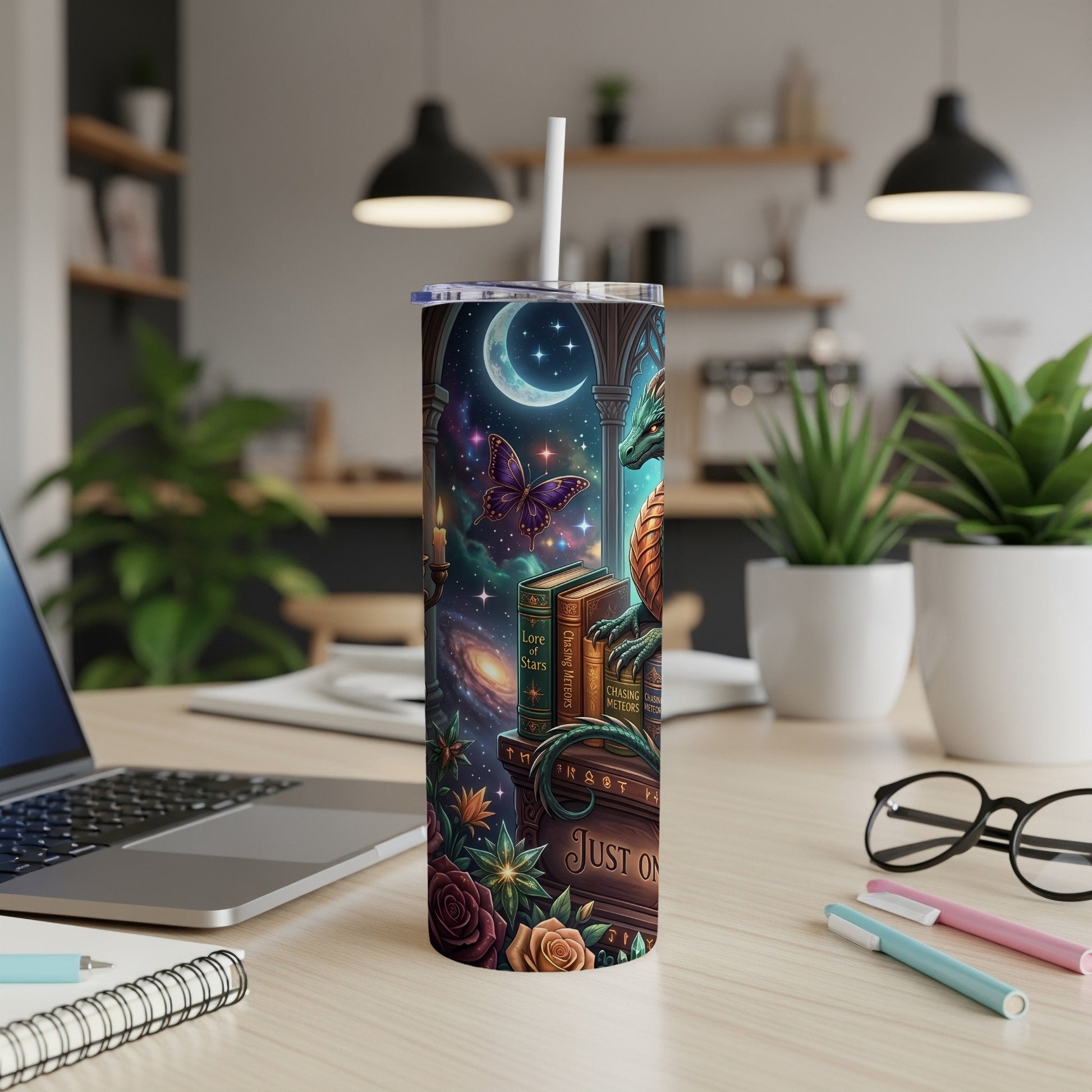 Tumbler featuring a dragon, books, moon, butterfly, and "Just One" text on a starry background.