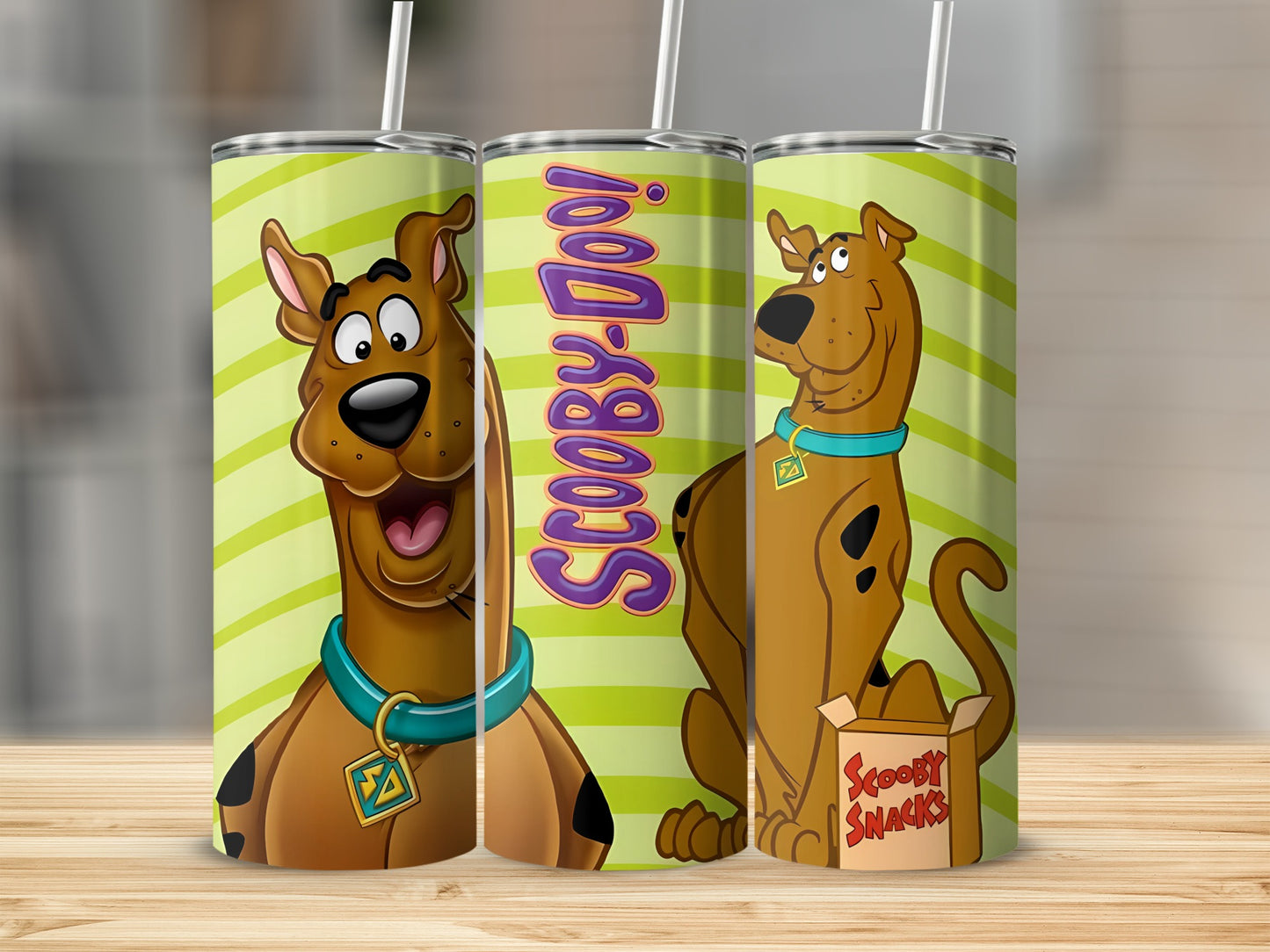 Scooby-Doo tumbler with green stripes and Scooby Snacks box.