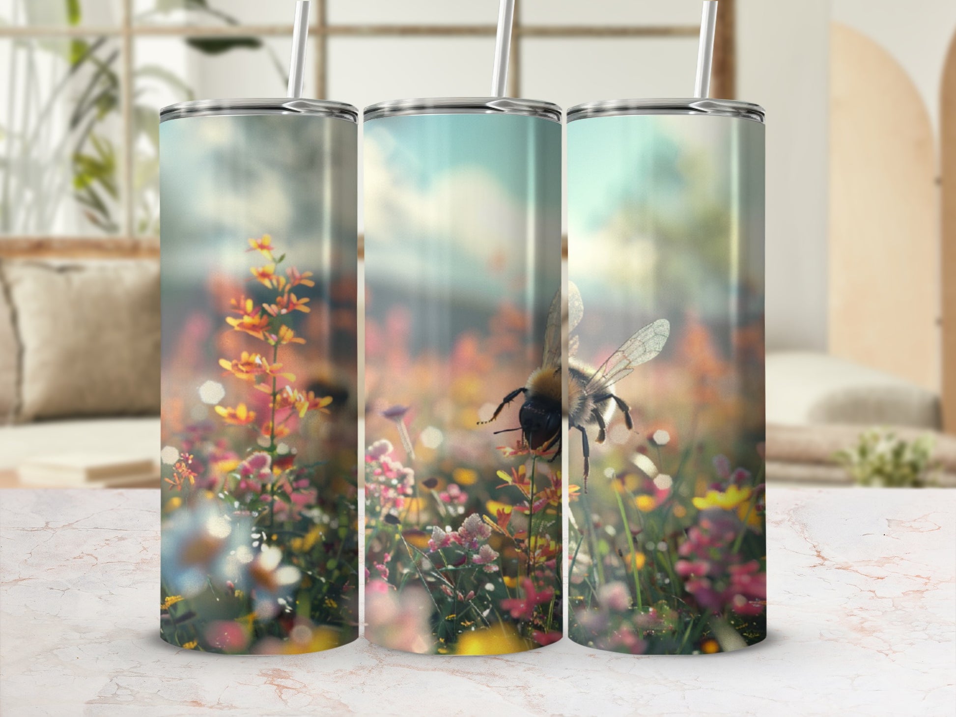 Bee on wildflowers, floral background, bokeh effect, tumbler design