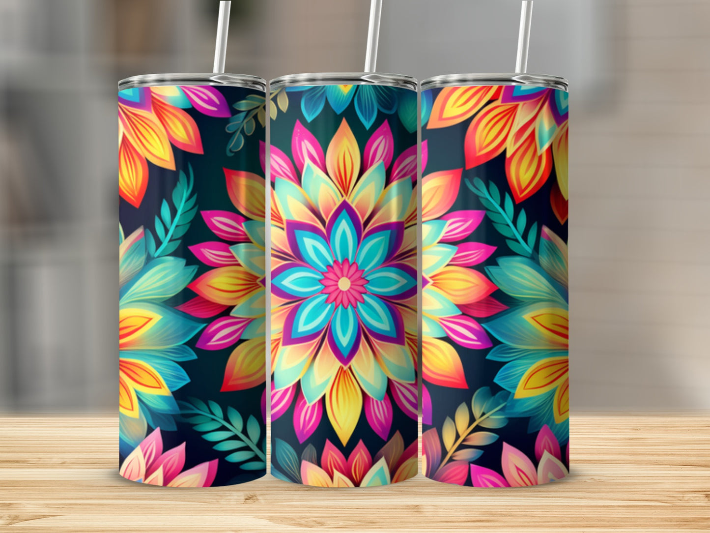 Three tumblers with vibrant floral mandala patterns on a wooden surface.