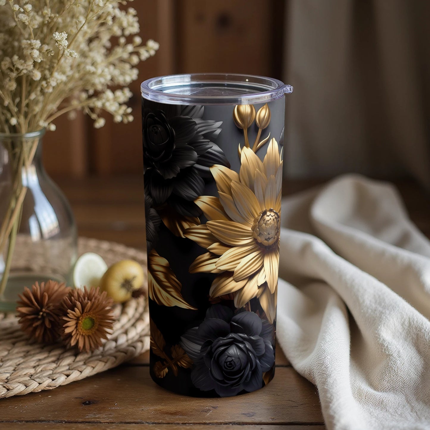 Elegant Black and Gold Floral Design Tumbler Cup