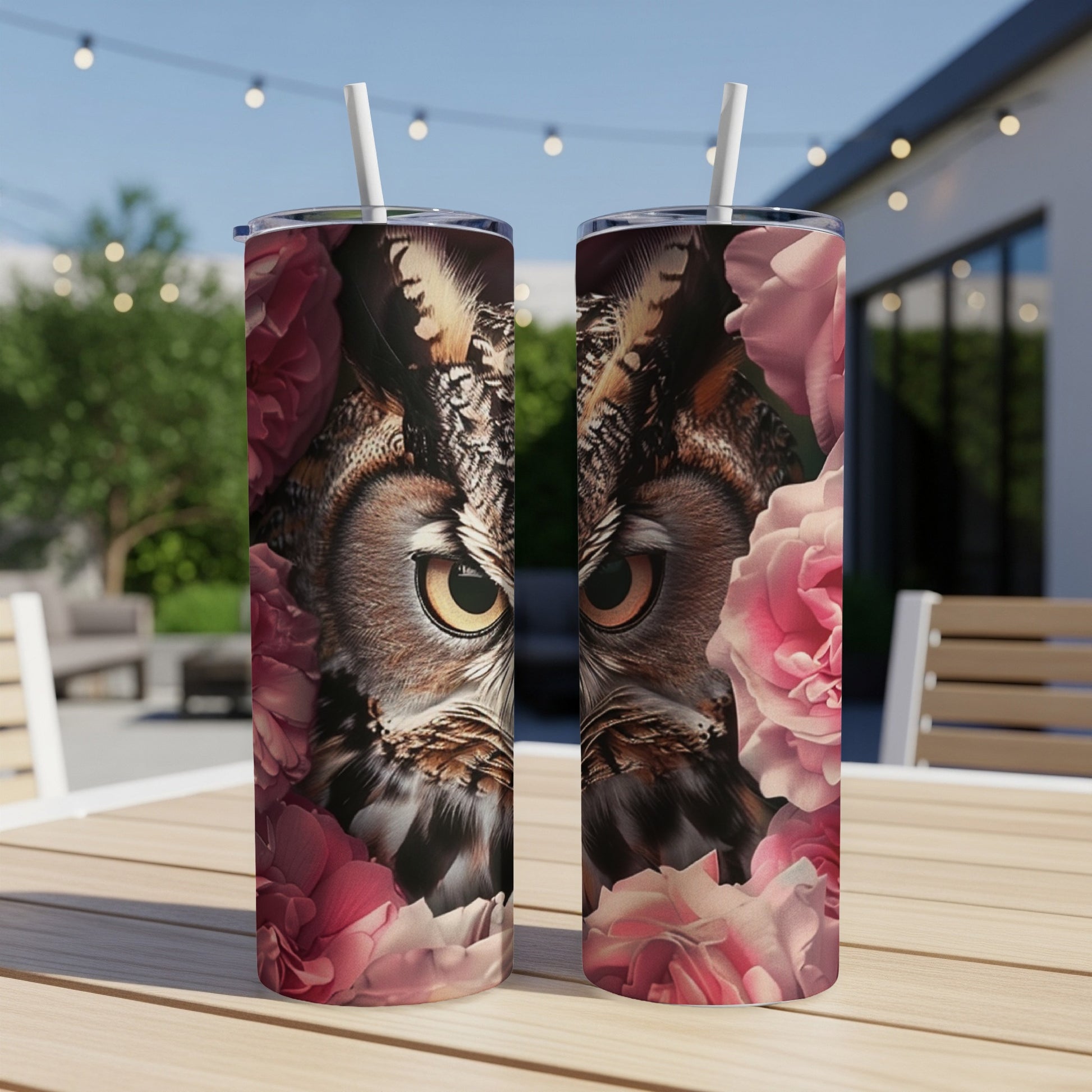 Owl's face with pink roses on a tall tumbler.