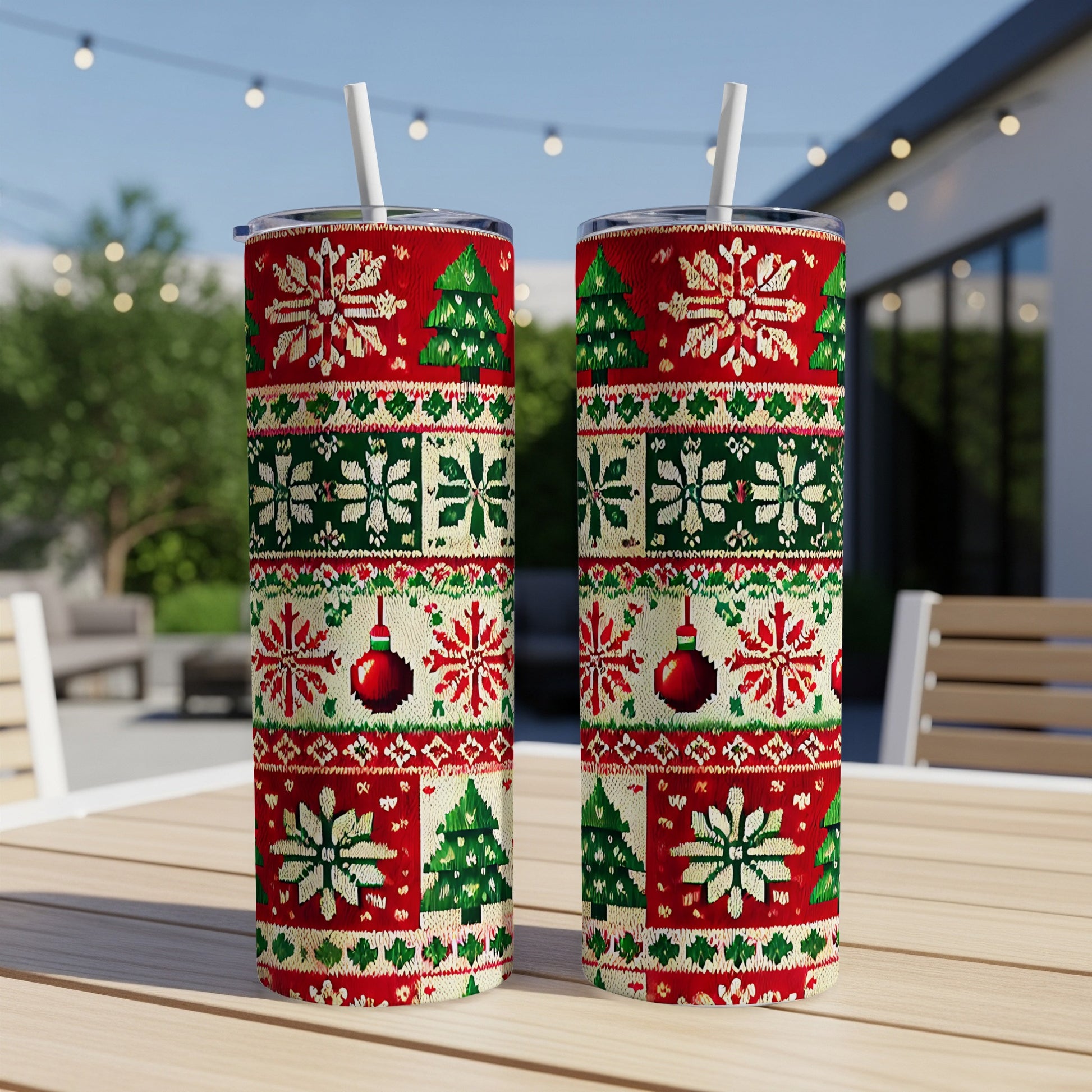 Two Christmas-themed tumblers with snowflake, tree, and ornament patterns.