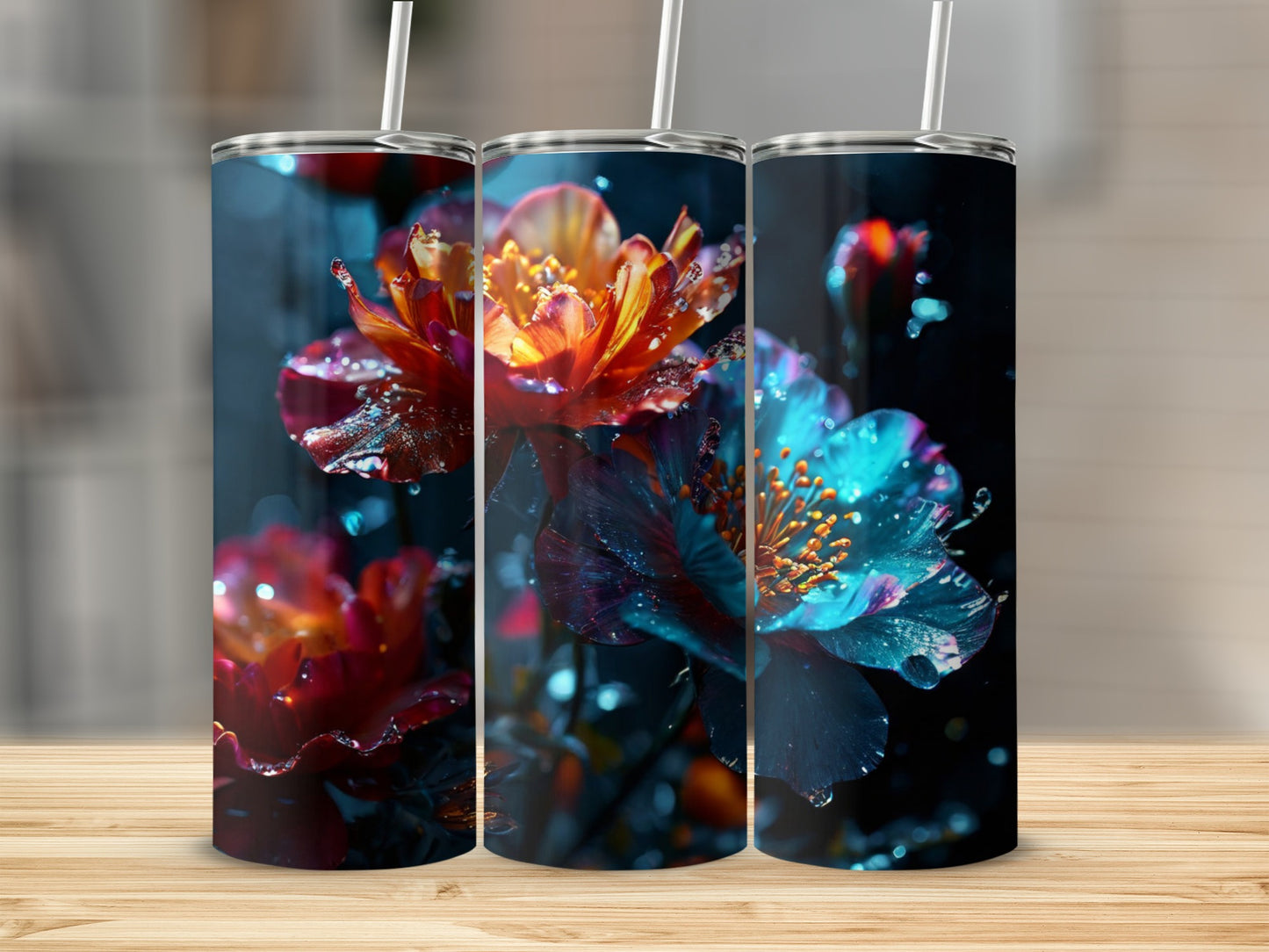 Three tumblers featuring vibrant, dewy close-ups of exotic flowers.