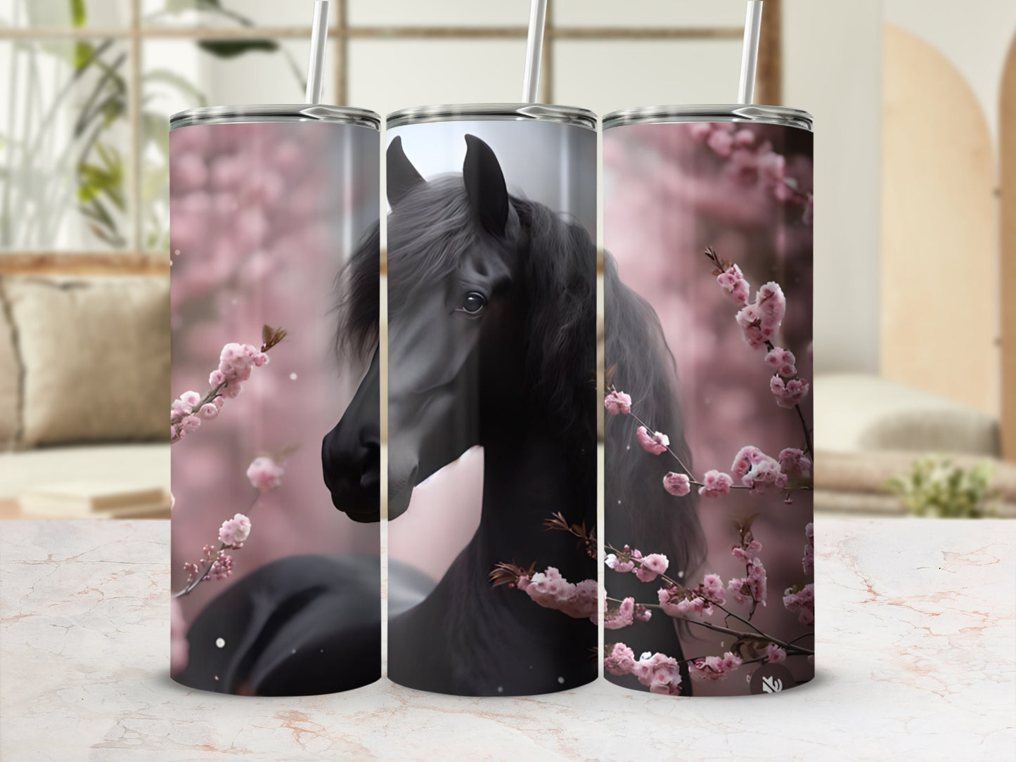 Black horse with pink blossoms on a tumbler.