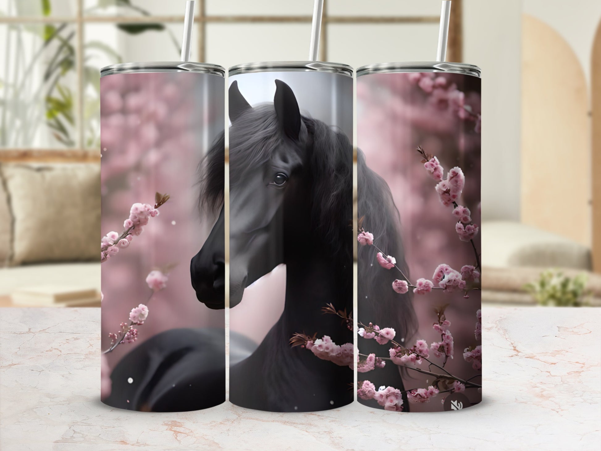 Black horse with pink blossoms on a tumbler.