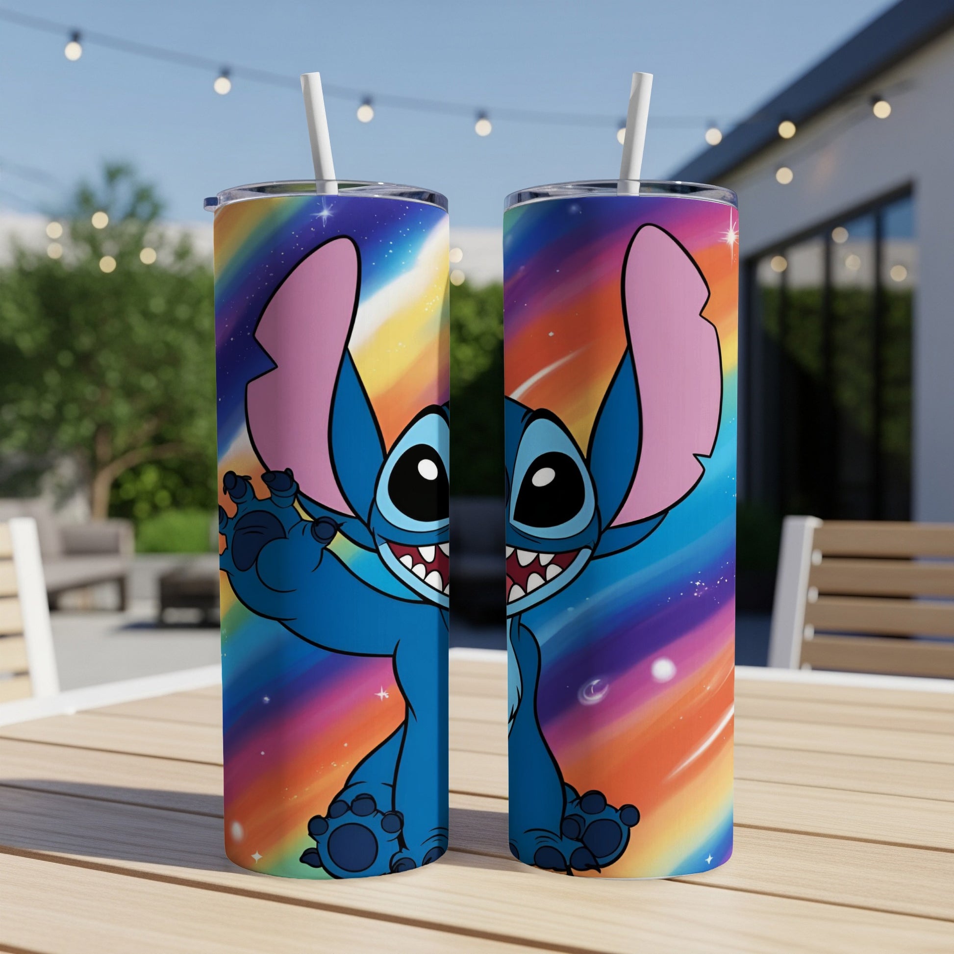Stitch character on a rainbow gradient background on two tumblers.