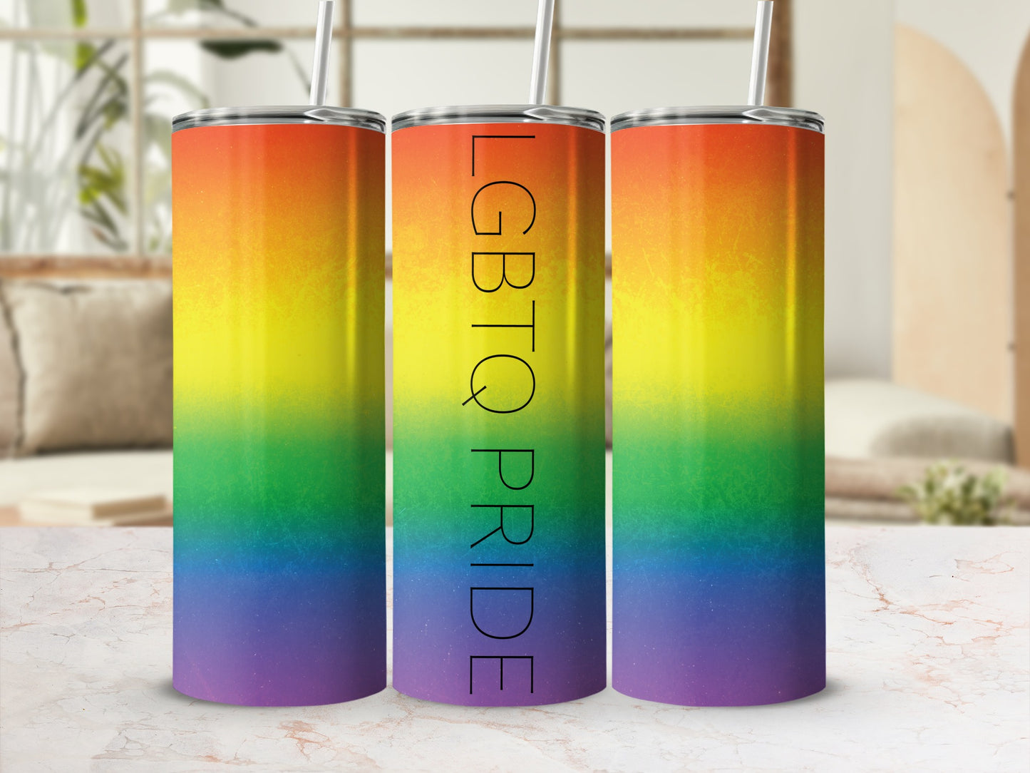 Rainbow gradient tumbler with "LGBTQ PRIDE" text.