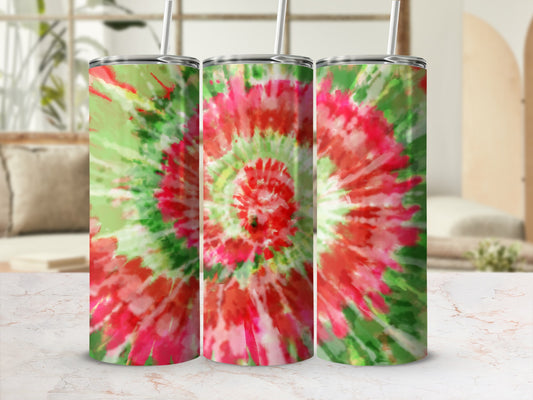 Three tumblers with a red and green tie-dye pattern.