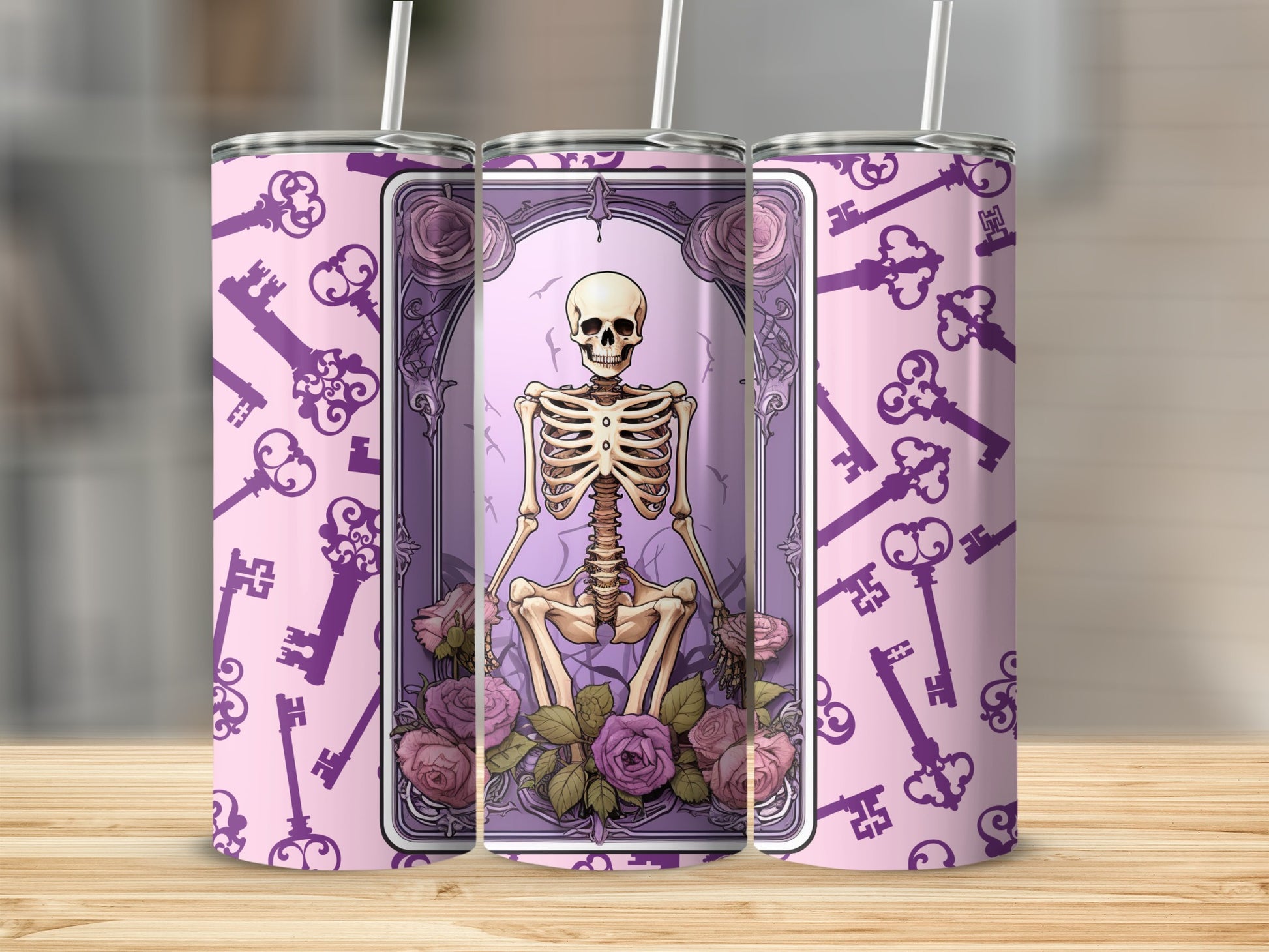 Skeleton with Keys and Roses Pink Themed Tumbler