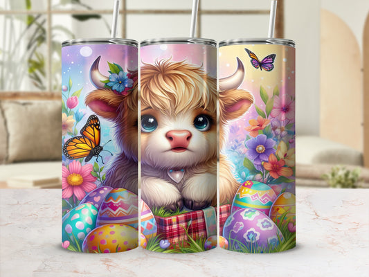 Cute fluffy calf with colorful Easter eggs and butterflies.