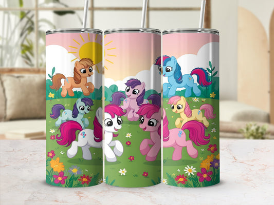 Three pink tumblers with cartoon ponies and flowers, sun in background.