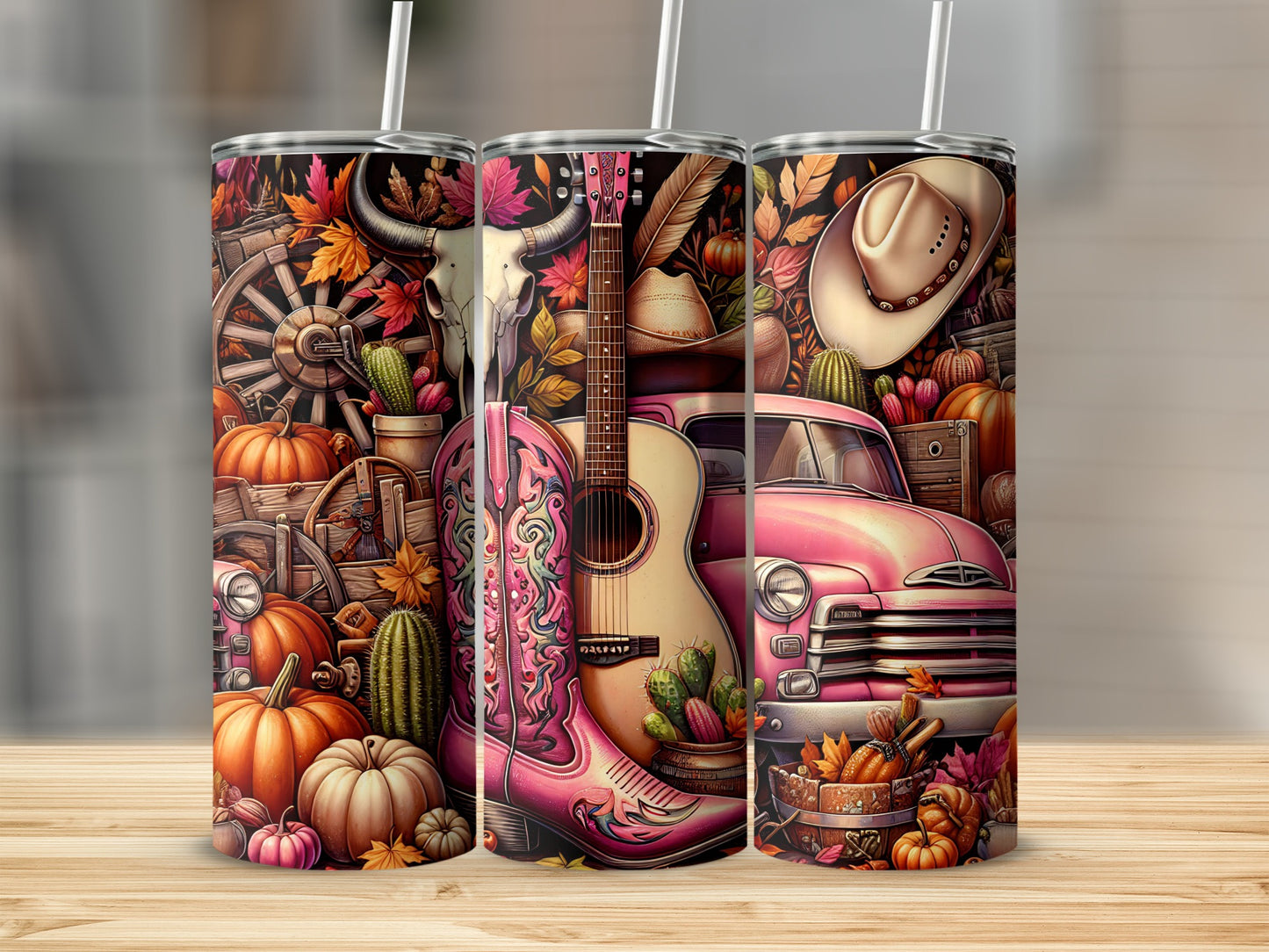 Pink guitar and pink pickup truck with pumpkins and autumn leaves.