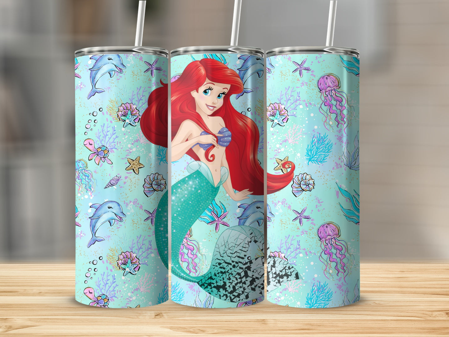 Colorful Mermaid and Ocean Creatures Design Tumbler