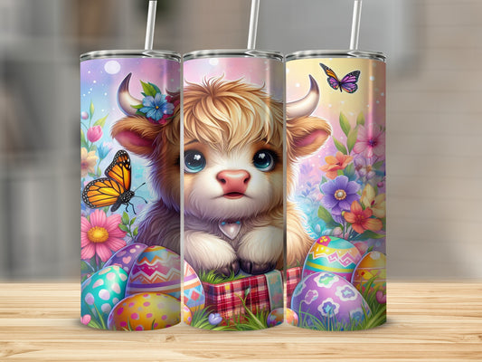 Cute cow with butterflies and Easter eggs, colorful floral background.
