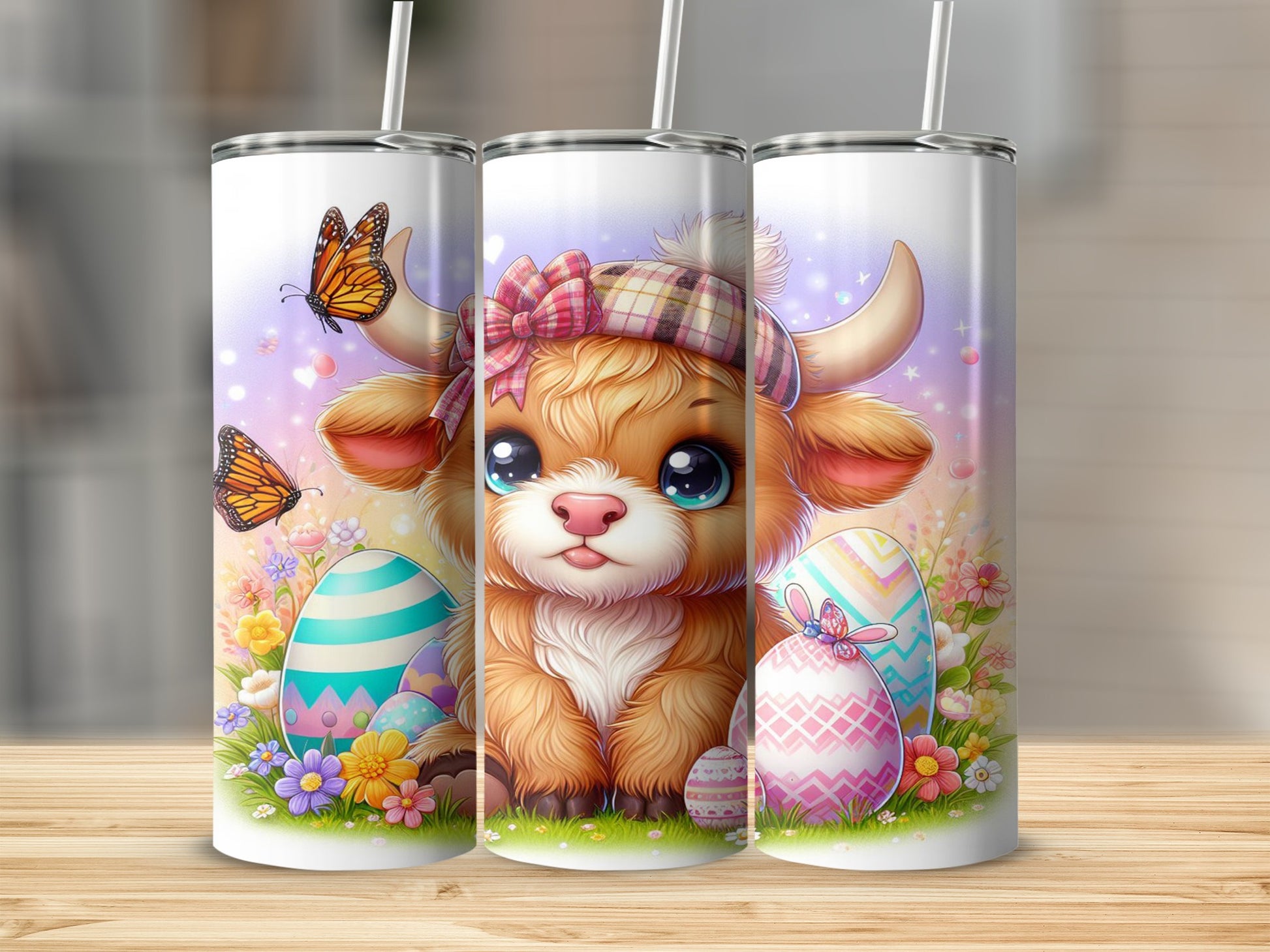 Cute Highland cow with Easter eggs and butterflies.