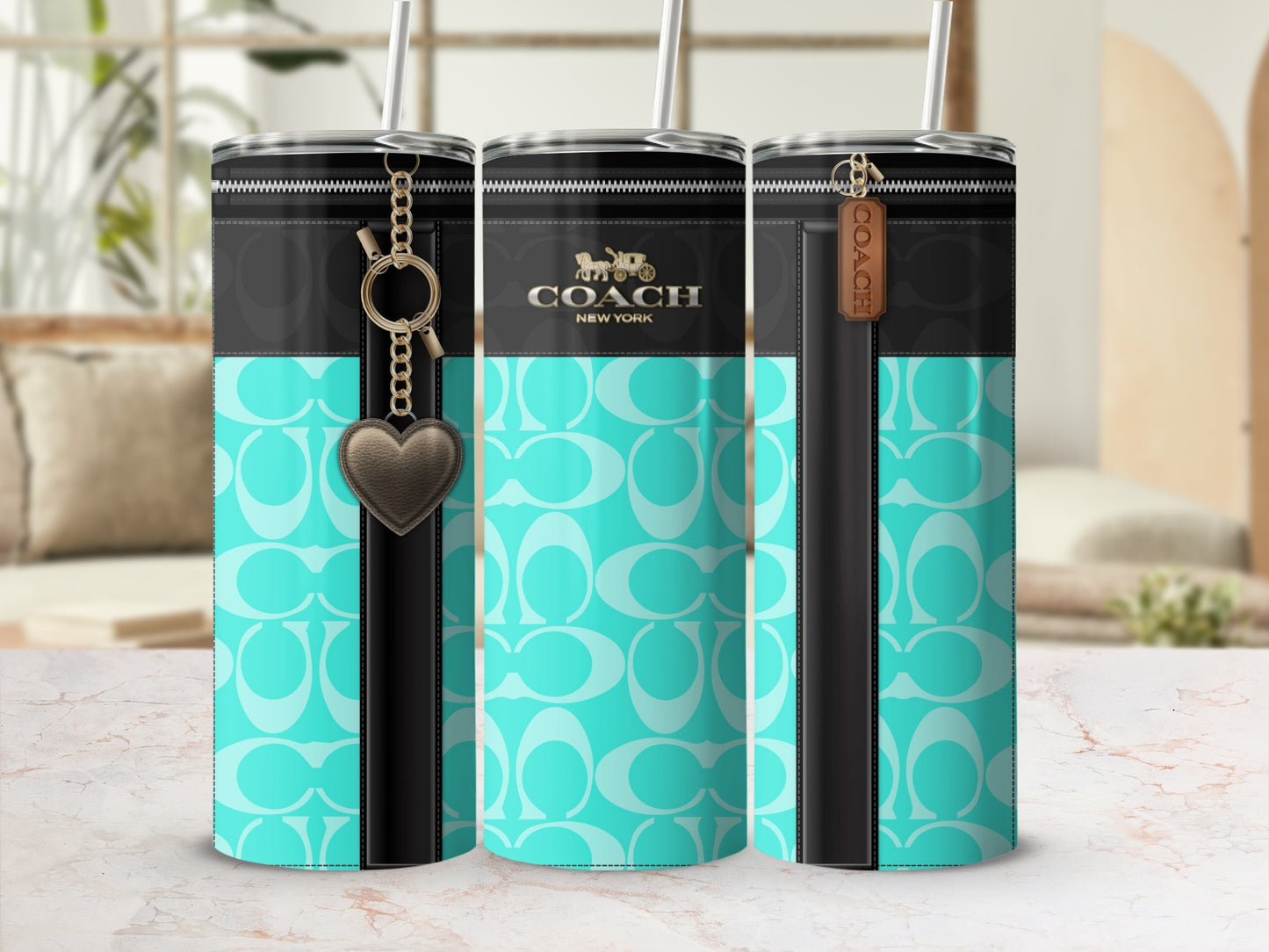 Stylish Aqua and Black Coach New York Tumbler with Charm
