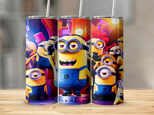 Minions on blue overalls with goggles on a tumbler.