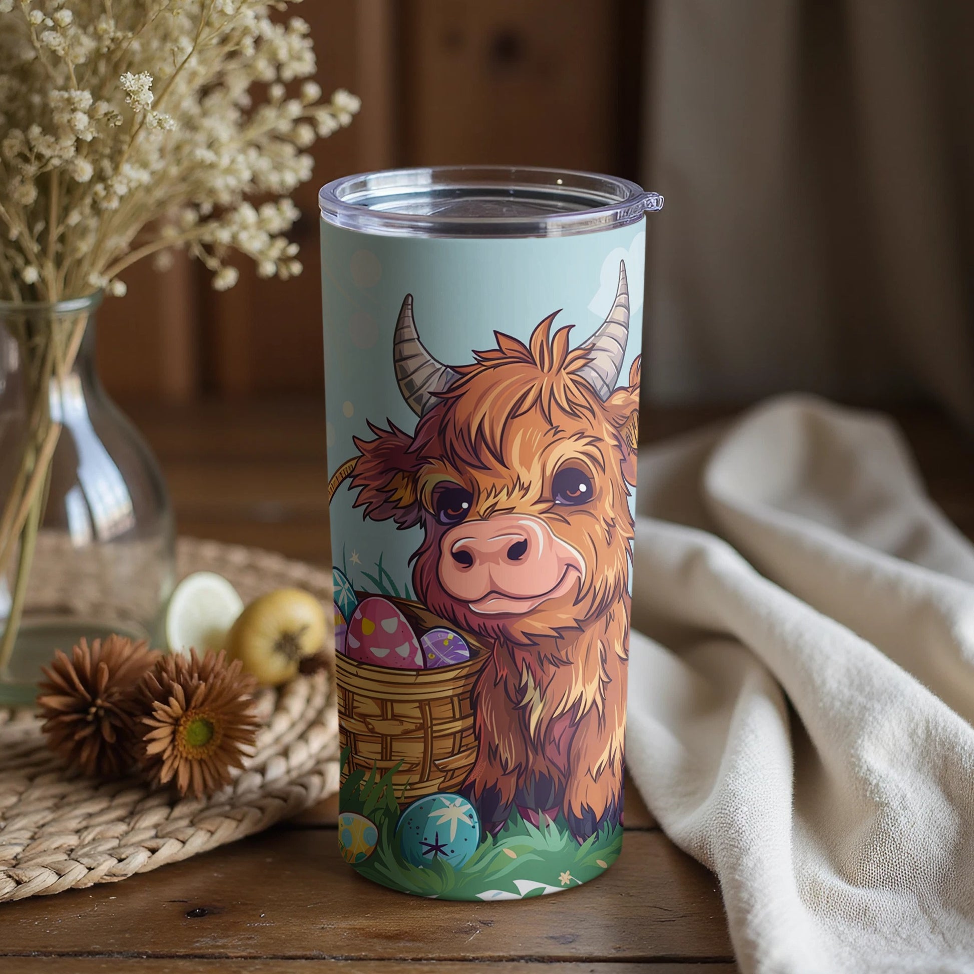 Cute Highland Cow with Easter Eggs Insulated Tumbler