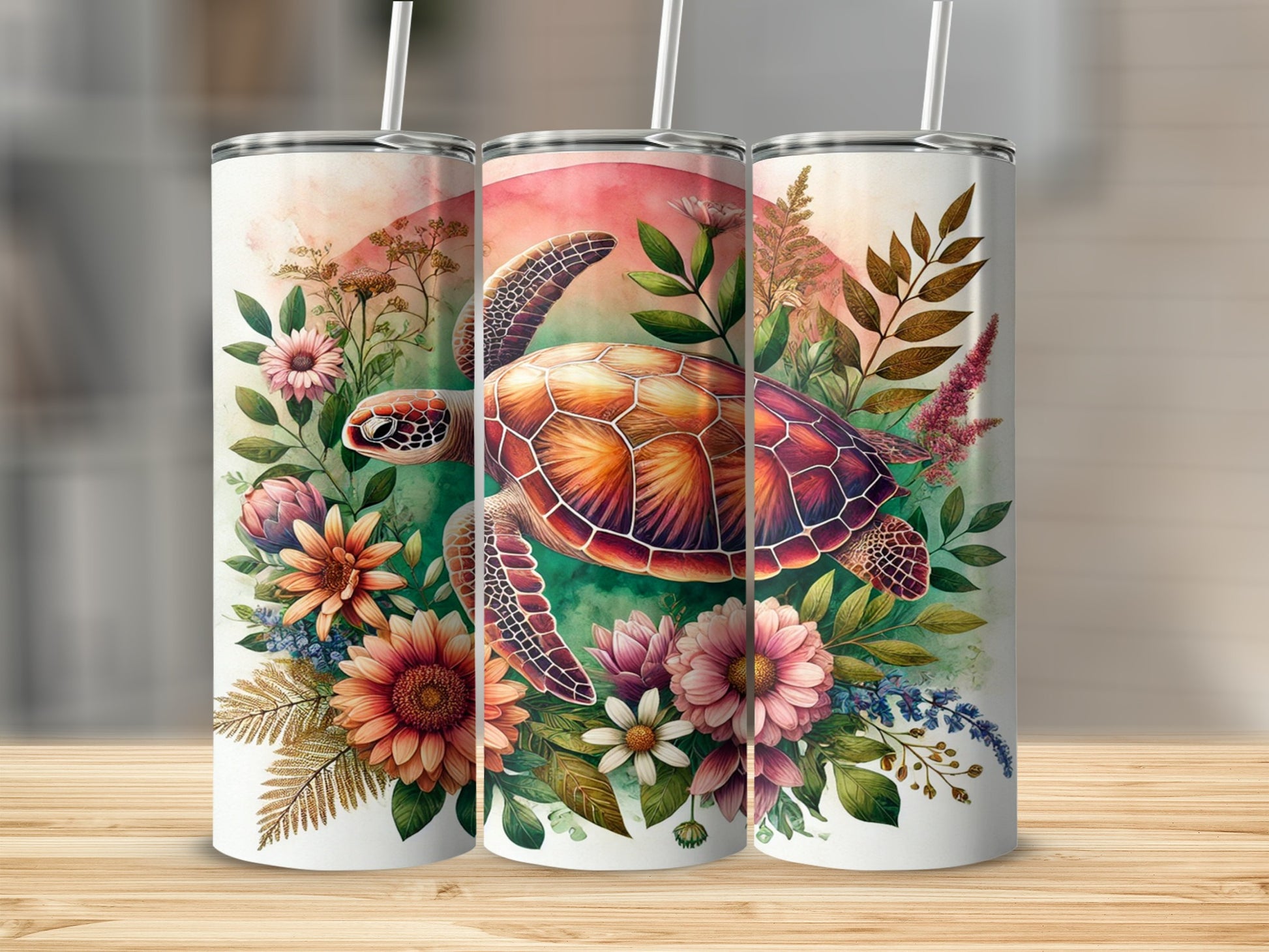 Sea Turtle and Floral Design Tumbler with Straw