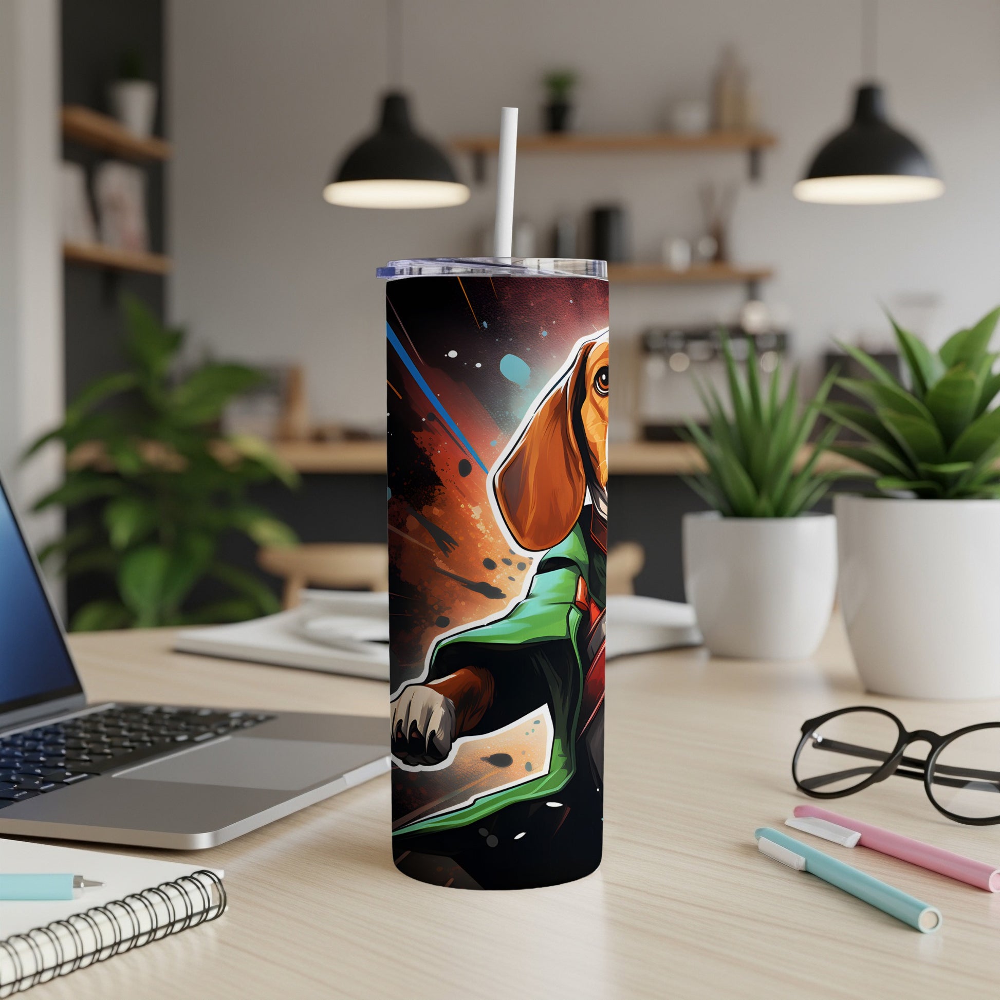 Tall tumbler with a beagle dog illustration in a cartoon style.
