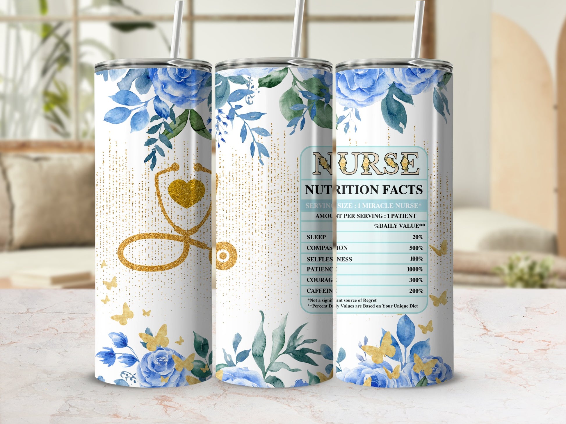 Nurse-themed tumbler with floral design and nutrition facts label.