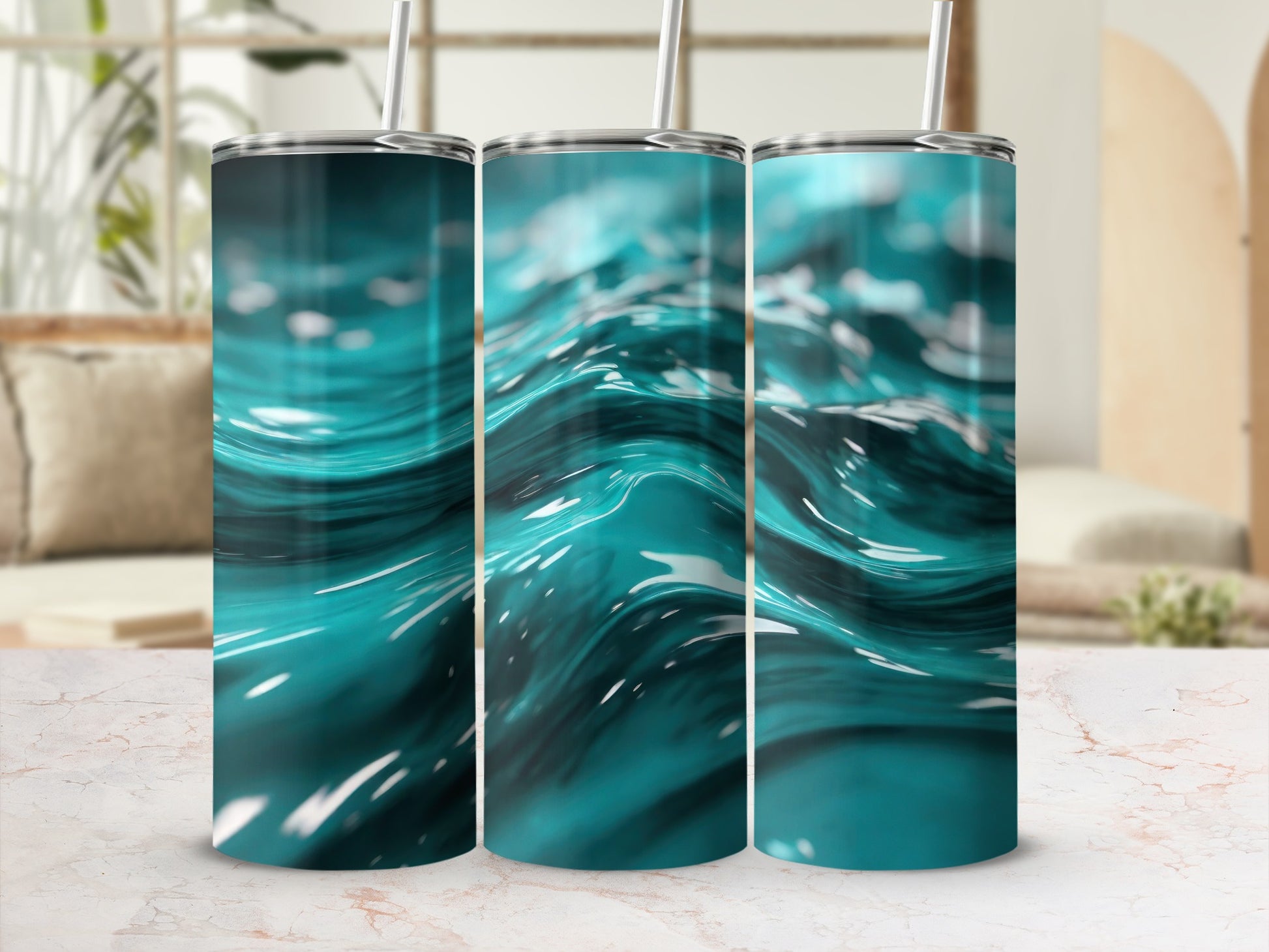Teal Ocean Waves Shimmering Liquid Tumbler product type