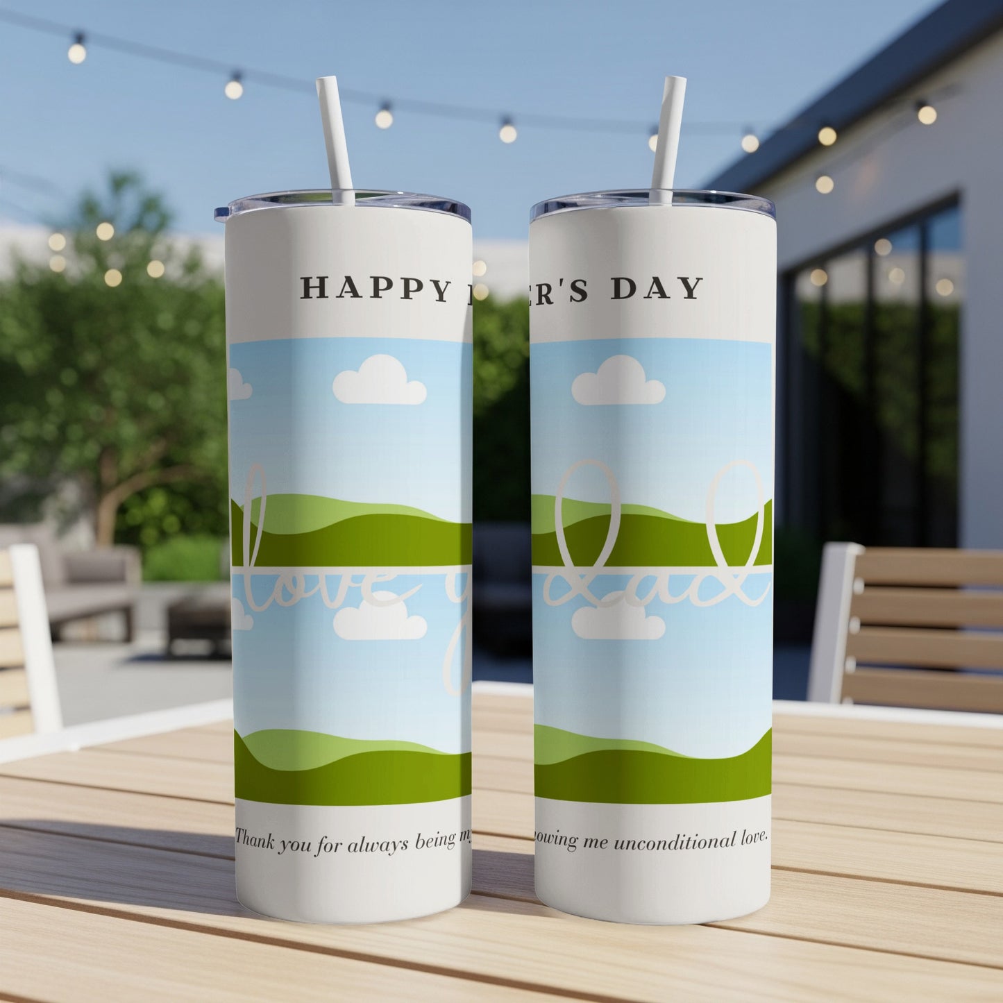 Two tumblers with "Happy Father's Day" and "Love You Dad" text and landscape design.