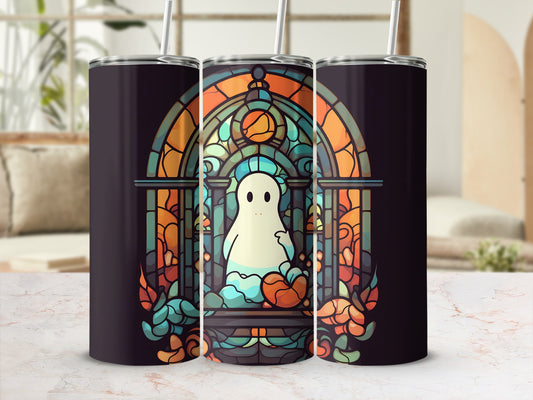 Ghost and pumpkin stained glass design on a dark tumbler.