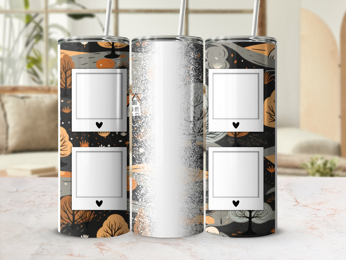 Blank tumbler with woodland scene frames and white glitter spray.