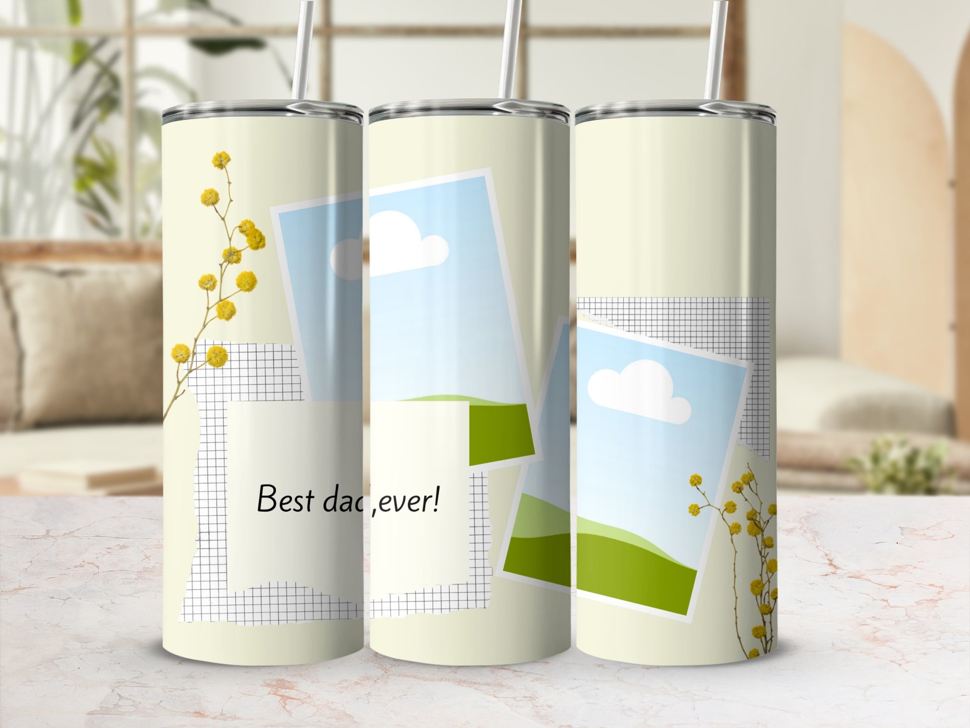Three tumblers with a pastel yellow background, featuring abstract photos and floral accents.
