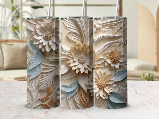 Three floral tumblers with embossed textured petals and leaves.