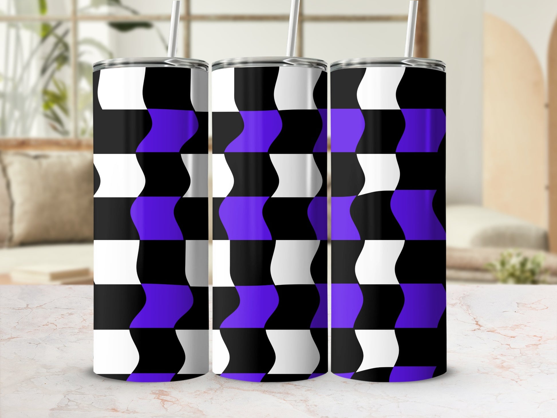 Three tumblers with a black, white, and purple chevron pattern.