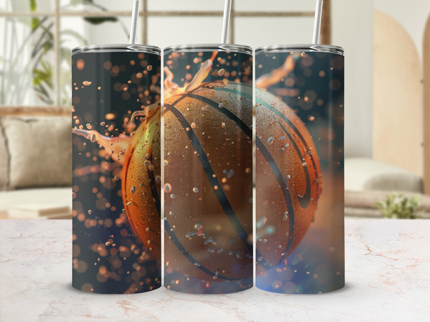 Three tumblers with basketball and water splash design.