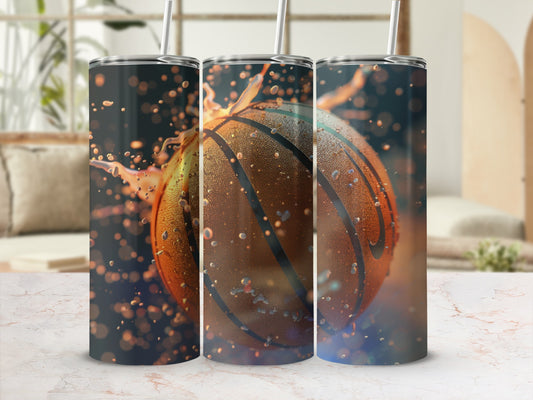 Three tumblers with basketball and water splash design.