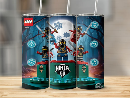 LEGO Ninjago tumbler featuring characters and symbols on a forest background.