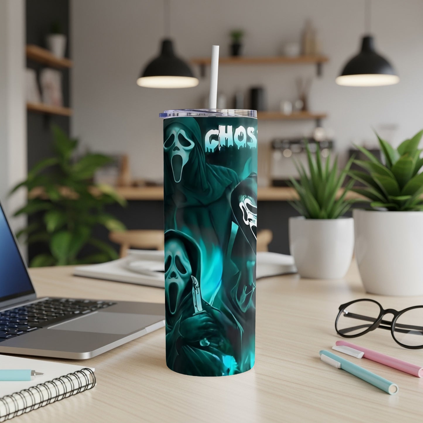 Tumbler with Ghostface masks and the word "CHOS" in teal.