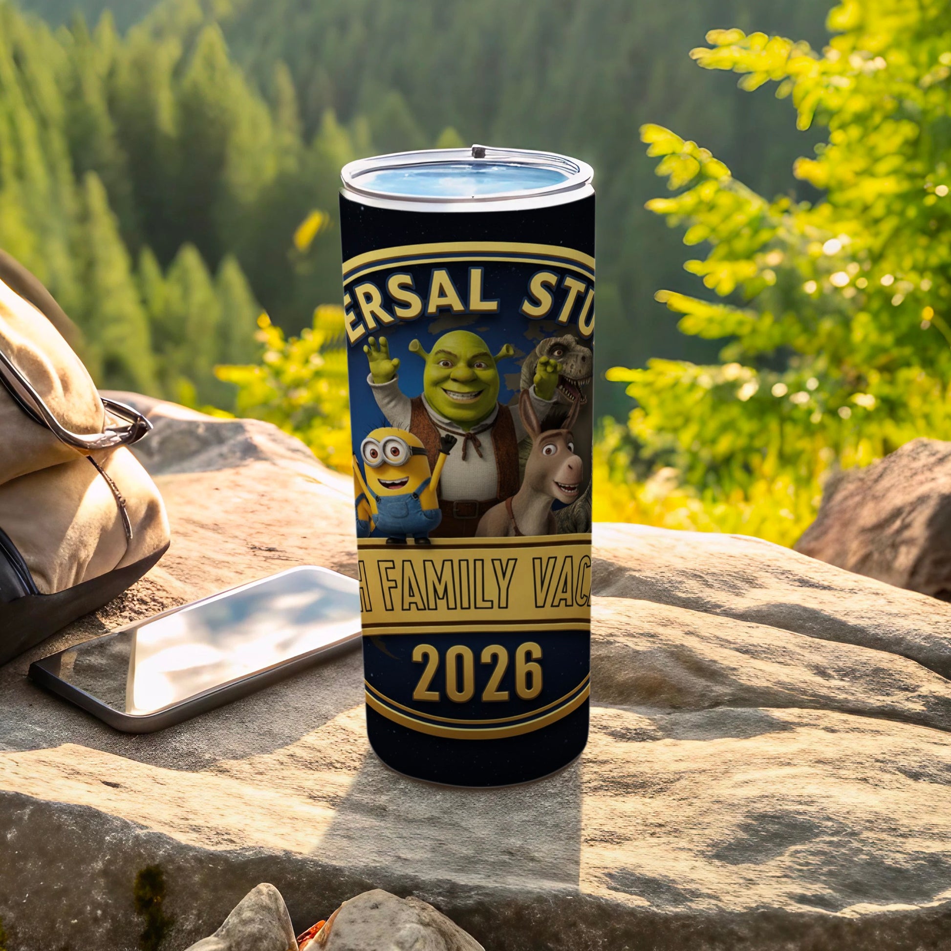 Universal Studios Shrek family vacation 2026 tumbler with characters.