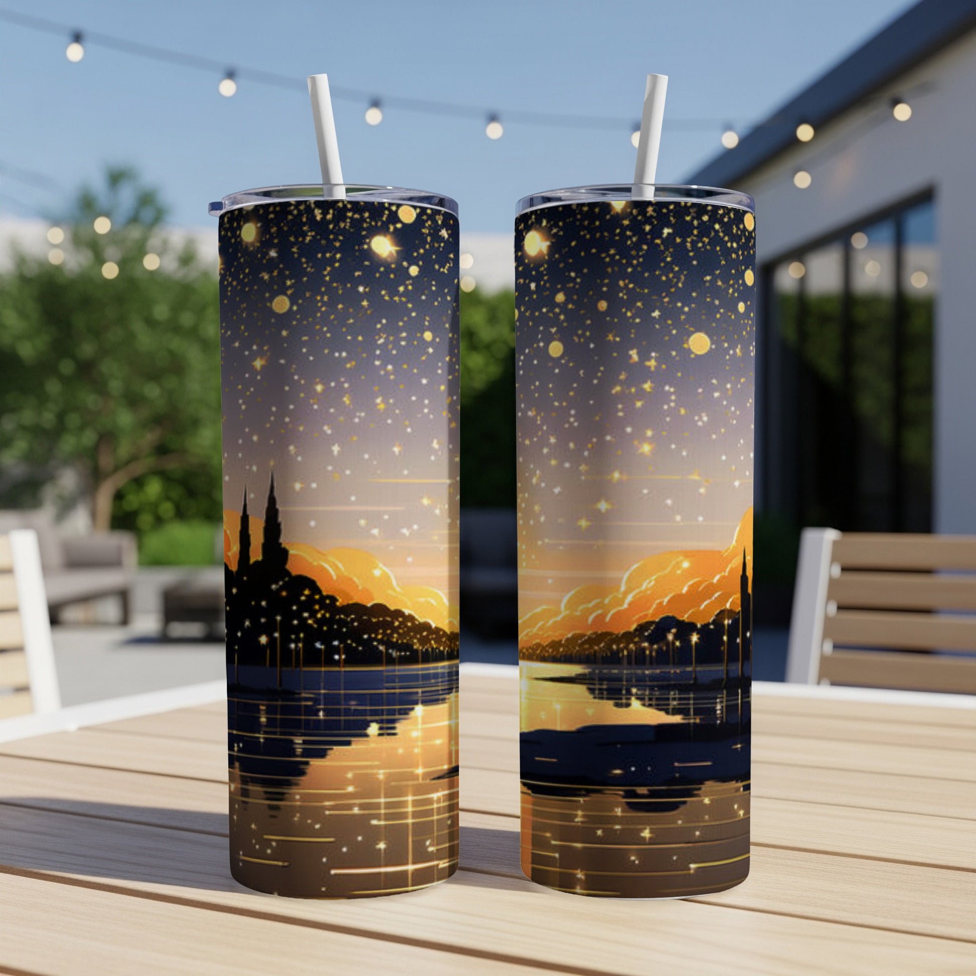 Two tumblers with a nighttime cityscape and starry sky design.