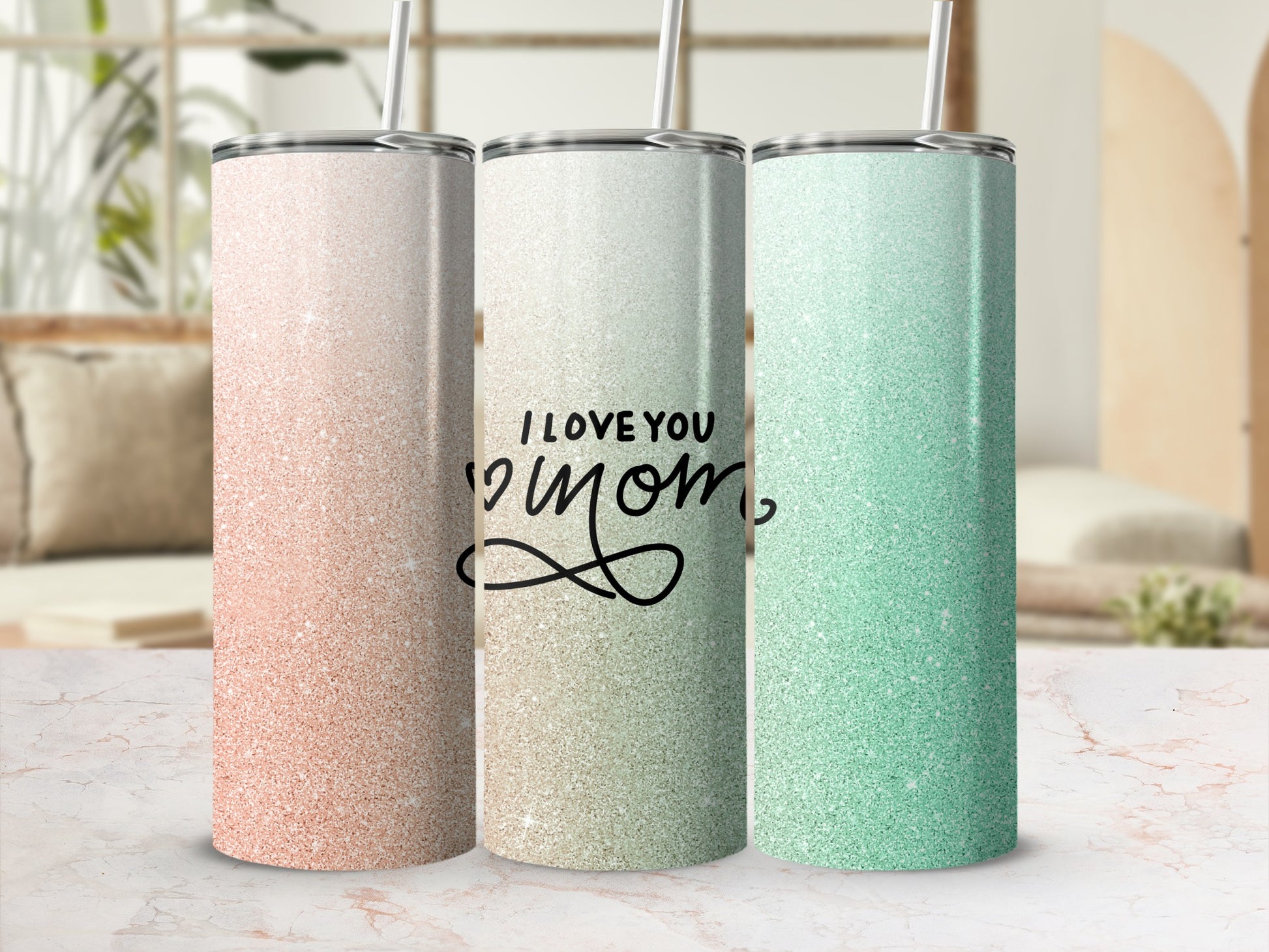 Three glitter tumblers, two pink, one green, with "I Love You Mom" text.