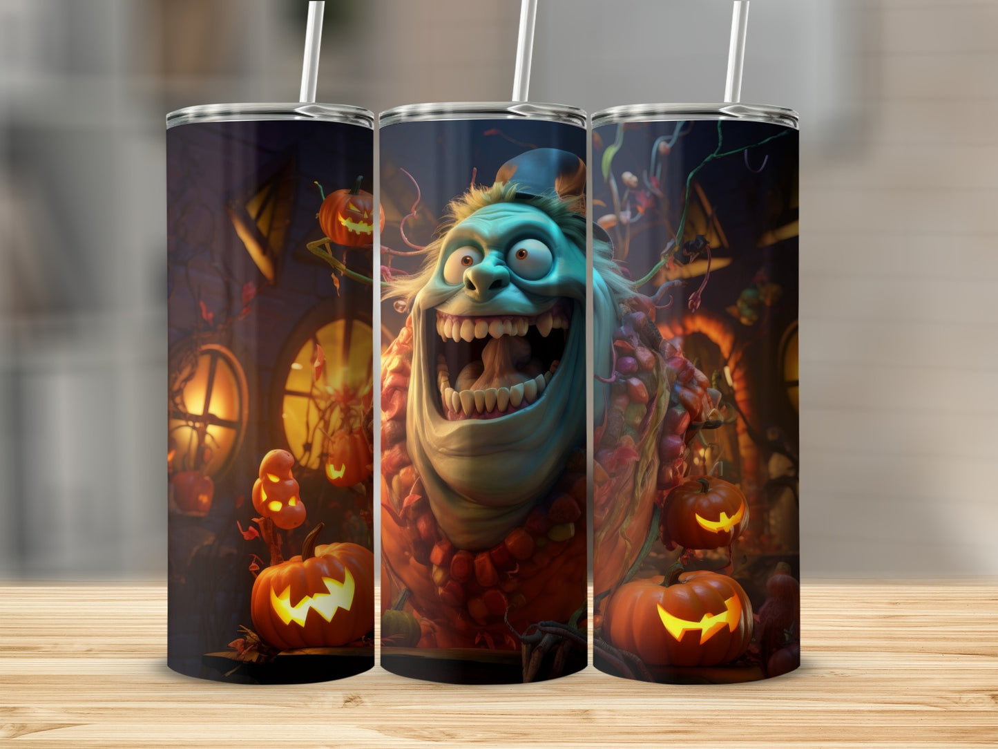 Three tumblers with a spooky Halloween monster and jack-o'-lantern design.