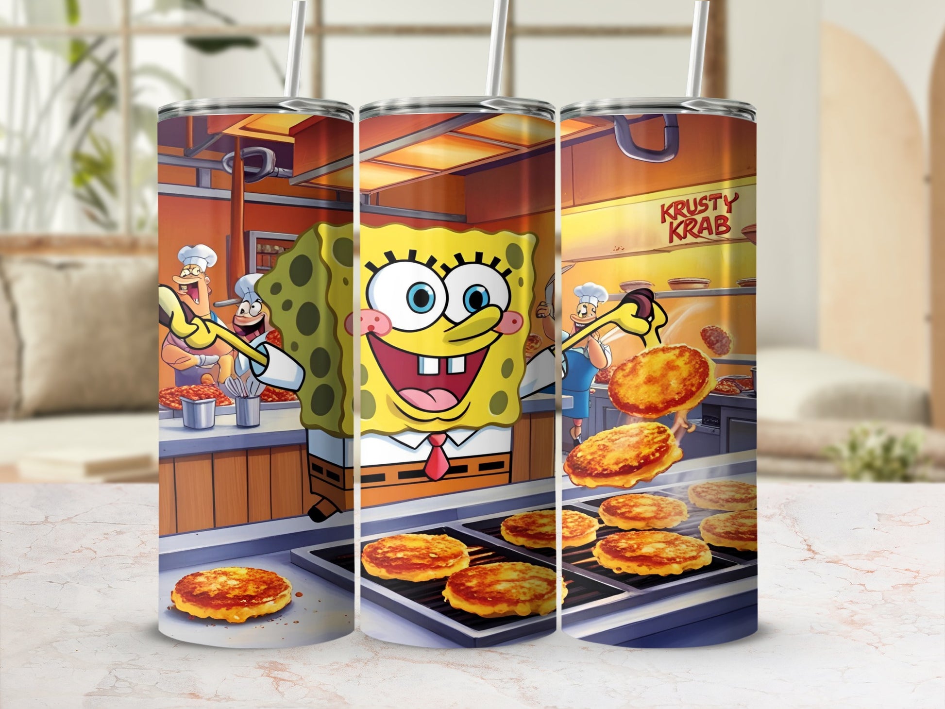 SpongeBob SquarePants flips Krabby Patties in a kitchen setting.