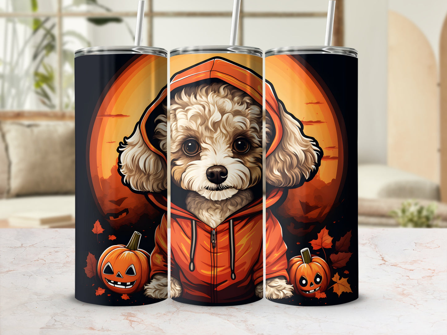 Three tumblers feature a fluffy dog in a hoodie with Halloween pumpkins and leaves.