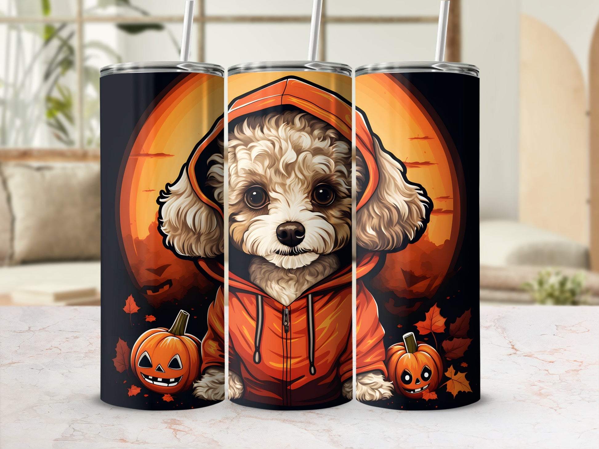 Three tumblers feature a fluffy dog in a hoodie with Halloween pumpkins and leaves.