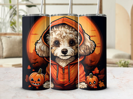 Three tumblers feature a fluffy dog in a hoodie with Halloween pumpkins and leaves.