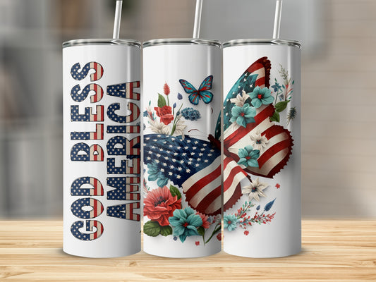 God Bless America patriotic tumbler with butterfly and floral design.