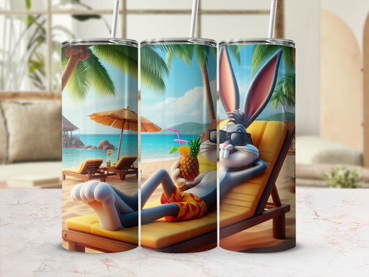 Cartoon Rabbit Relaxing on Beach Tumbler with Straw
