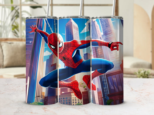 Spiderman leaping in front of a cityscape, digital illustration on three tumblers.