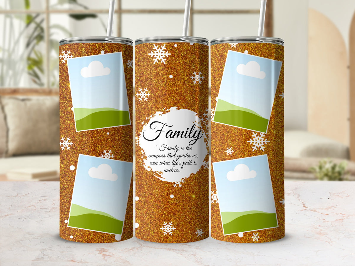 Three glittery tumblers with snowflake accents and family quote.